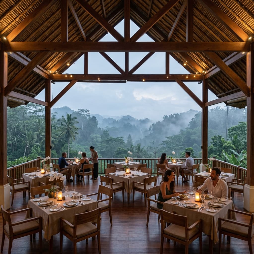Open-air dining pavilion overlooking the forest canopy