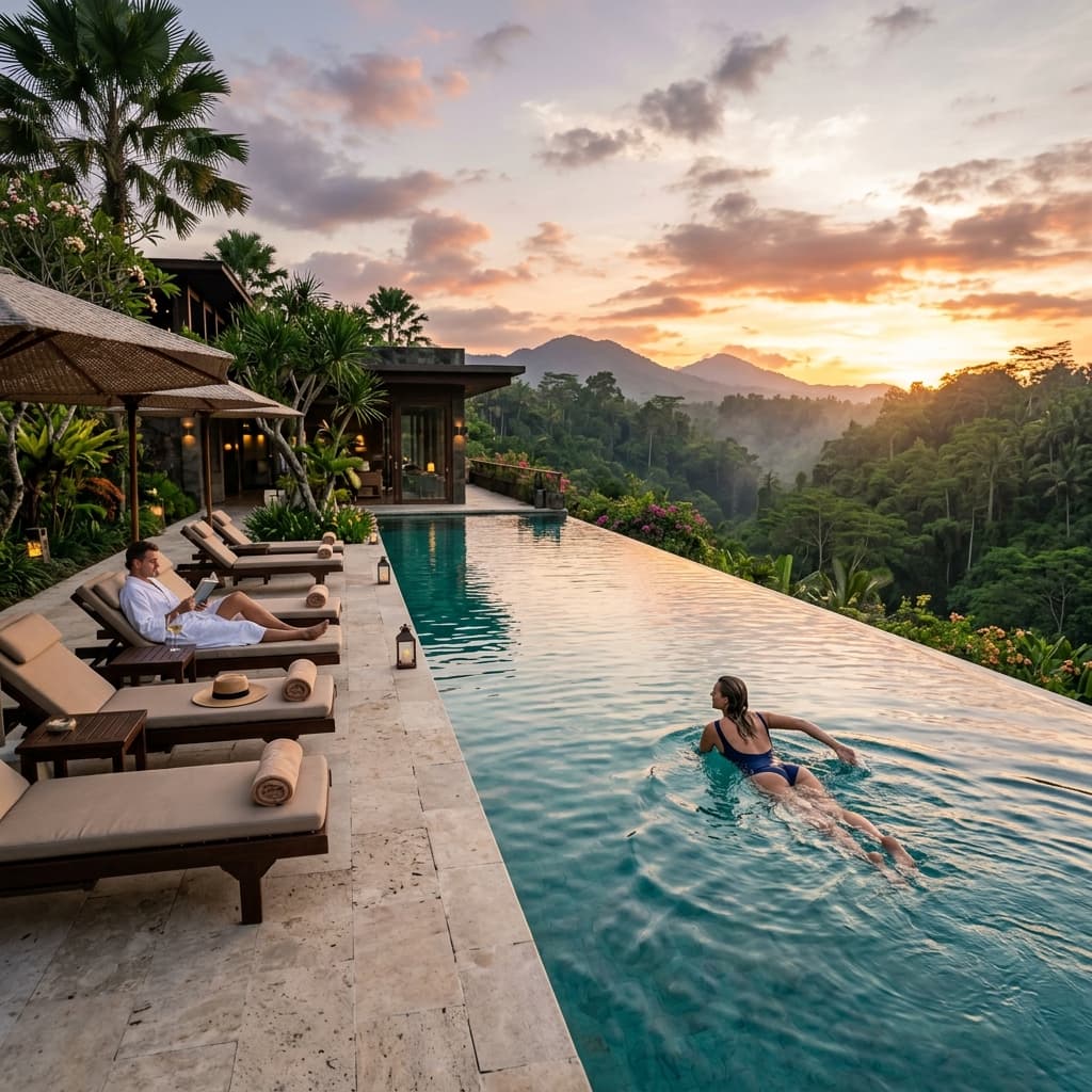 Infinity pool with swimmer at sunset