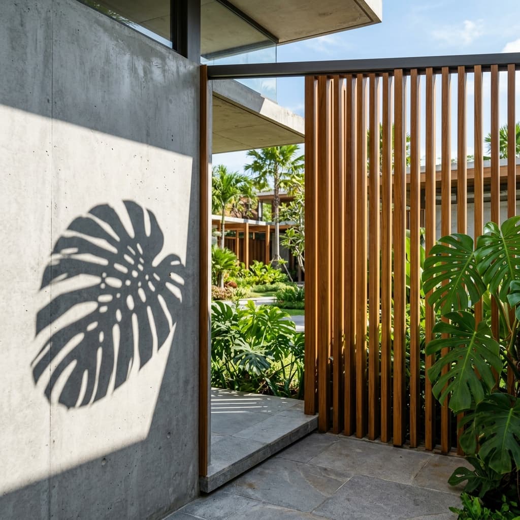 Monstera leaf shadow on a minimalist concrete wall