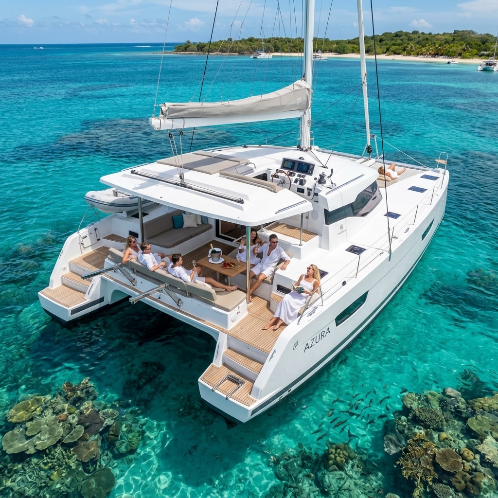 Private sailing catamaran on turquoise ocean